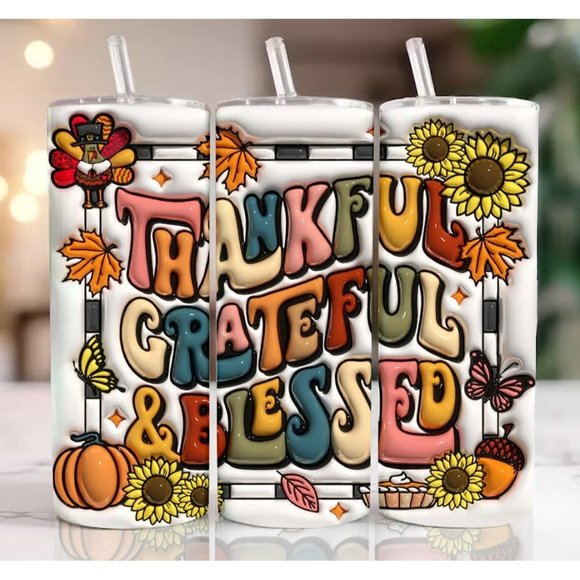 3D Thankful Grateful Blessed Inflated, Thanksgiving Puffy Turkey 20oz Tumbler - Picture 1 of 2